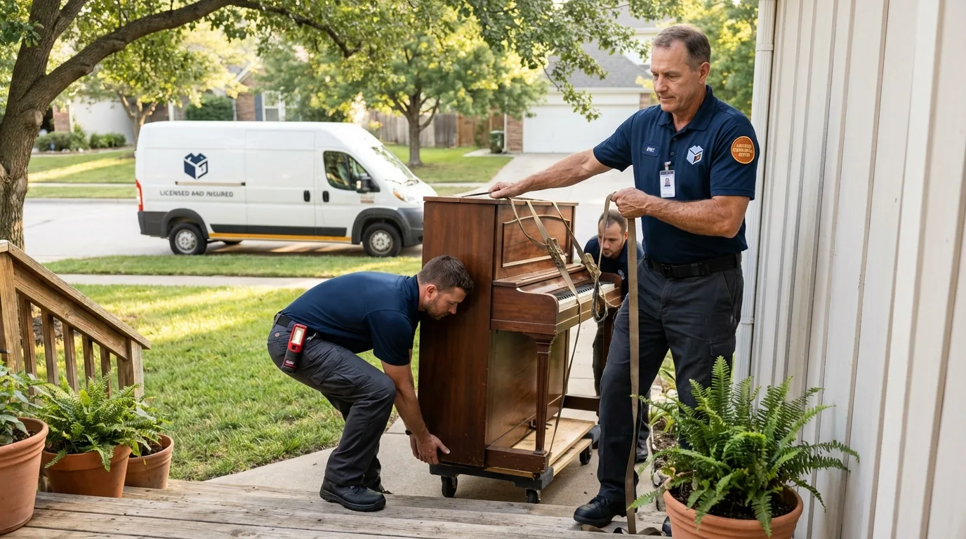 Licensed piano movers securing grand piano in Hugo, MN