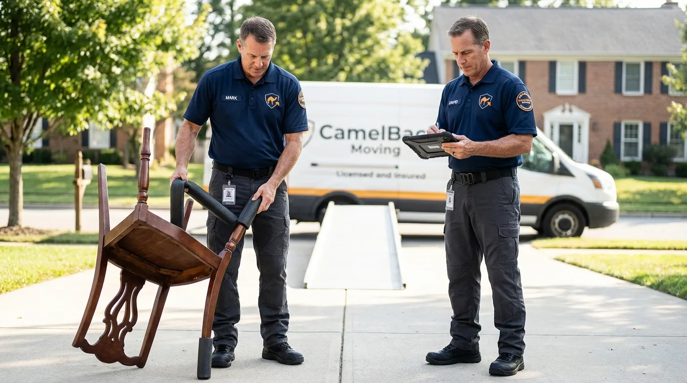 Movers inspecting furniture for damage prevention before loading in Hugo, MN