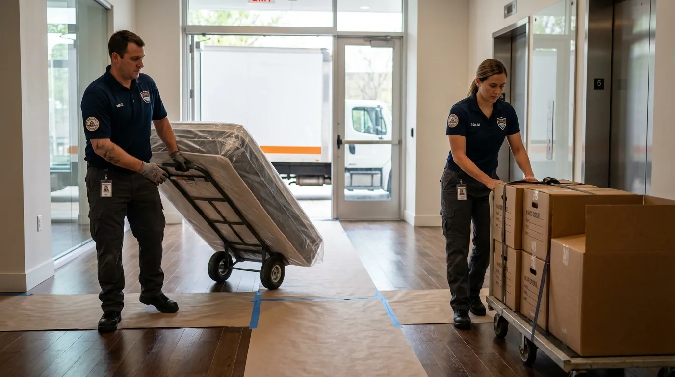 Professional apartment movers loading elevator in Hugo, MN